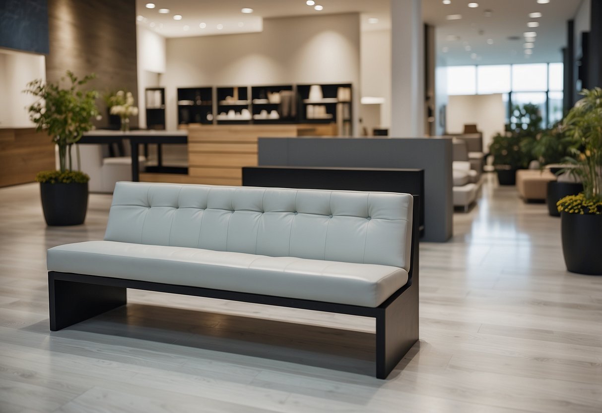 A modern, sleek bench sits in a showroom, surrounded by various furniture pieces. The clean lines and minimalist design convey functionality and sophistication
