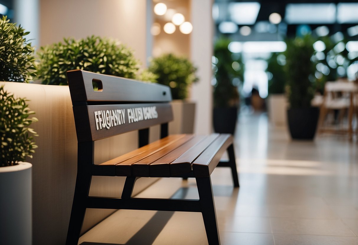 A modern bench with "Frequently Asked Questions" signage in Singapore furniture store