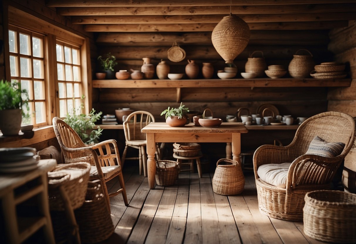 A cozy cabin with handmade wooden chairs, a rustic table, and shelves filled with handcrafted pottery and woven baskets