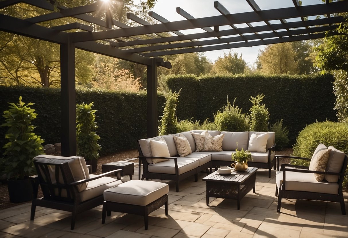 A spacious backyard with a large outdoor furniture set, including a table, chairs, and a comfortable sofa, all under a stylish pergola