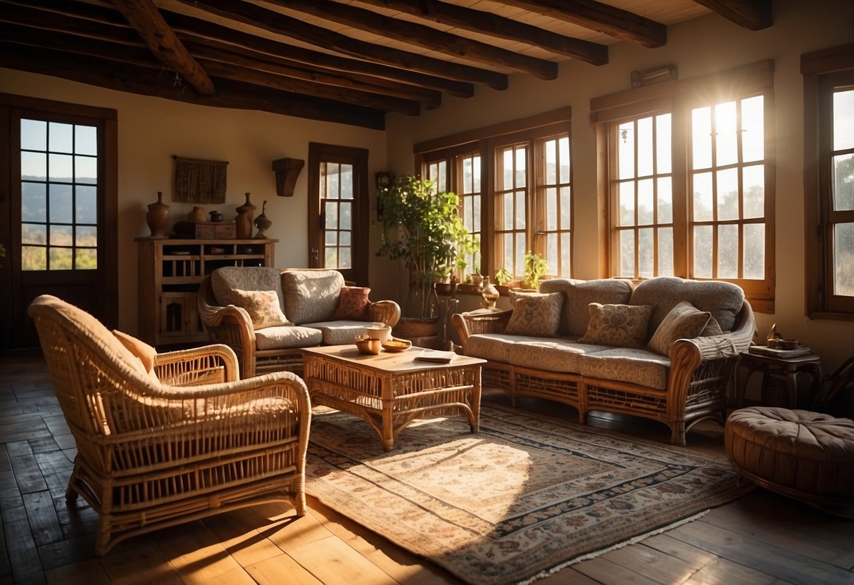 A cozy, rustic living room with handcrafted wooden chairs, a carved coffee table, and a woven rug. Sunlight filters through the window, casting warm shadows on the traditional folk furniture