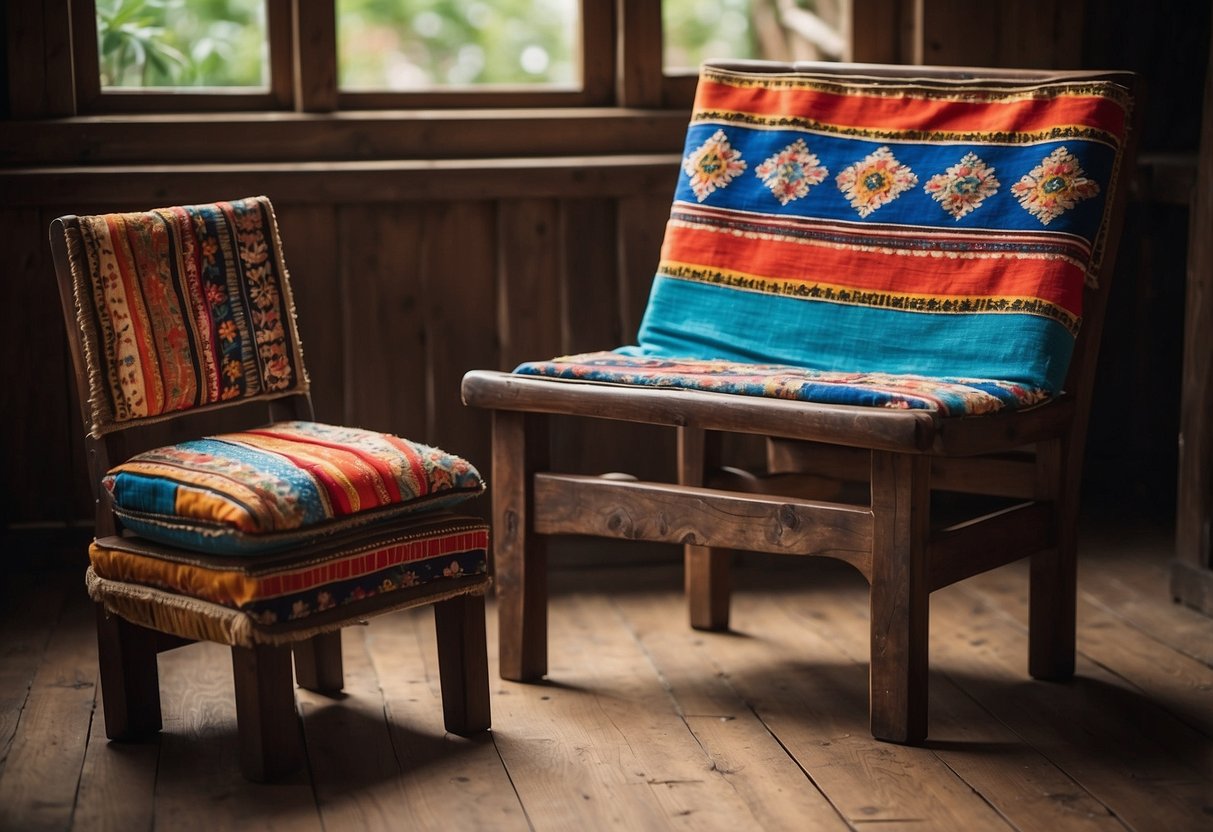 A rustic wooden chair sits next to a hand-carved table, adorned with colorful textiles and traditional patterns. The room is filled with folk furniture, showcasing the integration of different cultural styles