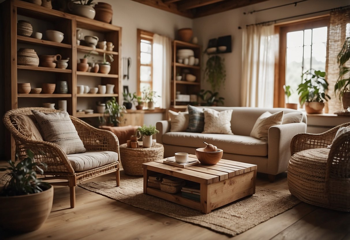 A cozy living room with rustic wooden chairs, a handcrafted coffee table, and shelves filled with handmade pottery and woven textiles