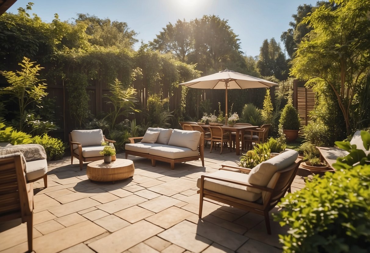 A spacious backyard with a variety of outdoor furniture sets on display, including tables, chairs, and loungers, surrounded by lush greenery and bathed in warm sunlight