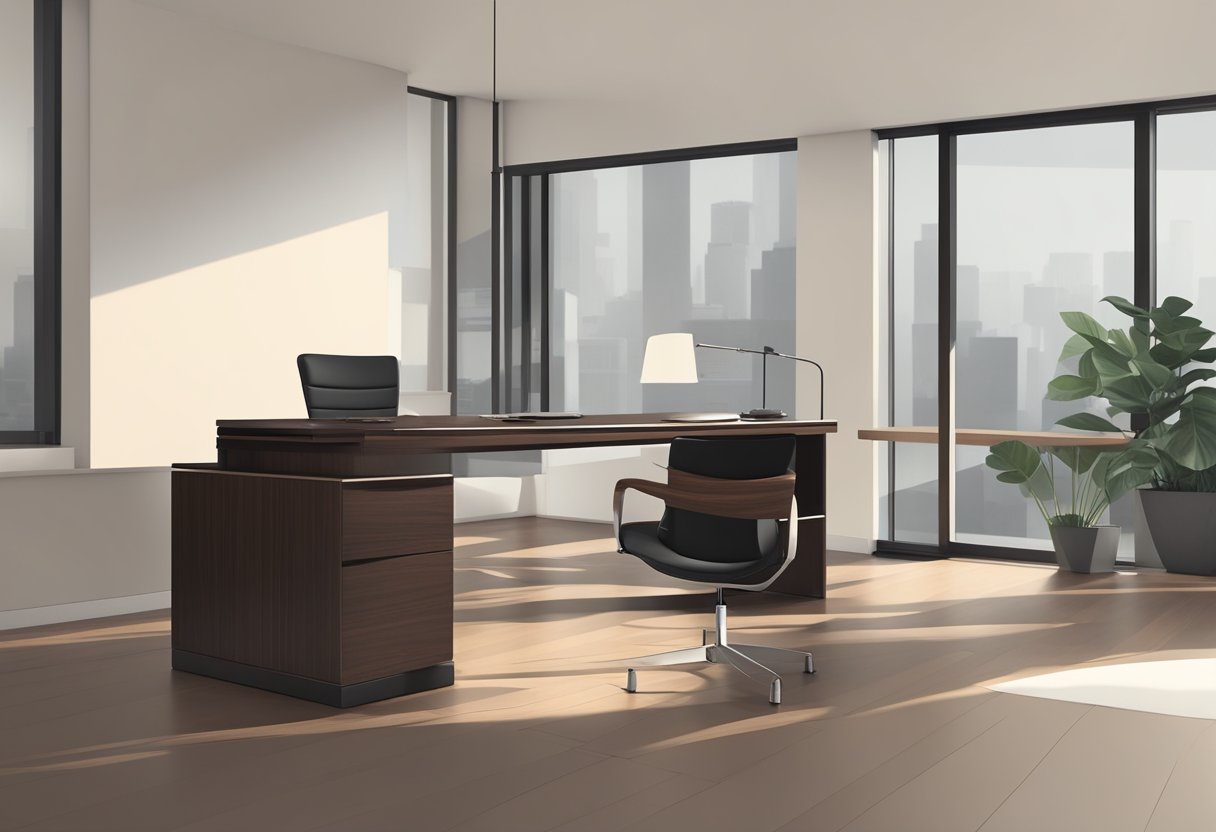 A sleek, modern chair sits beside a minimalist desk, both made of rich, dark wood. The chair's clean lines and subtle curves exude sophistication