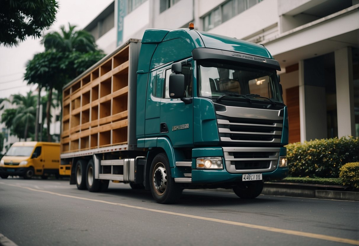 A truck unloads JB furniture at a Singapore address