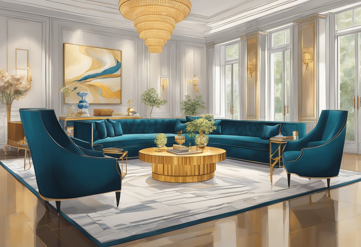 A showroom filled with luxurious Hermes furniture, featuring elegant designs and exquisite craftsmanship. Rich textures and sophisticated colors adorn each piece, creating a sense of opulence and refinement