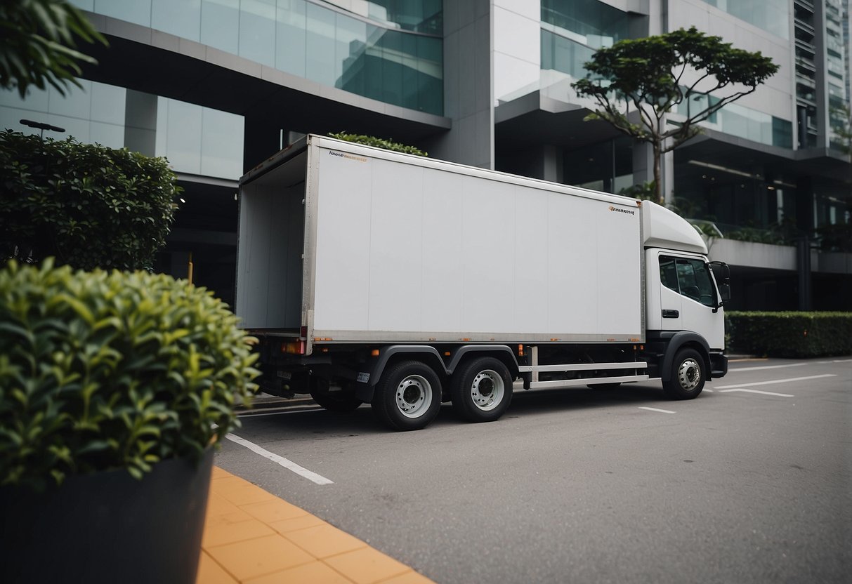 A delivery truck parked outside a modern Singapore apartment building, unloading sleek JB furniture pieces