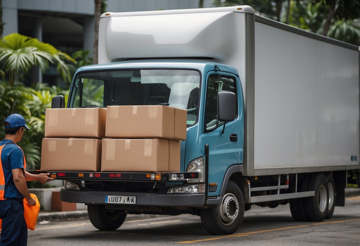 A delivery truck unloading furniture at a Singapore address, with workers assembling and installing the pieces seamlessly