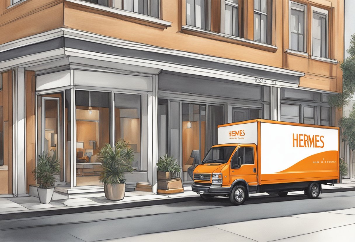 A delivery truck unloads sleek, modern furniture outside a stylish showroom. The iconic Hermes logo adorns each piece, creating an air of luxury and sophistication