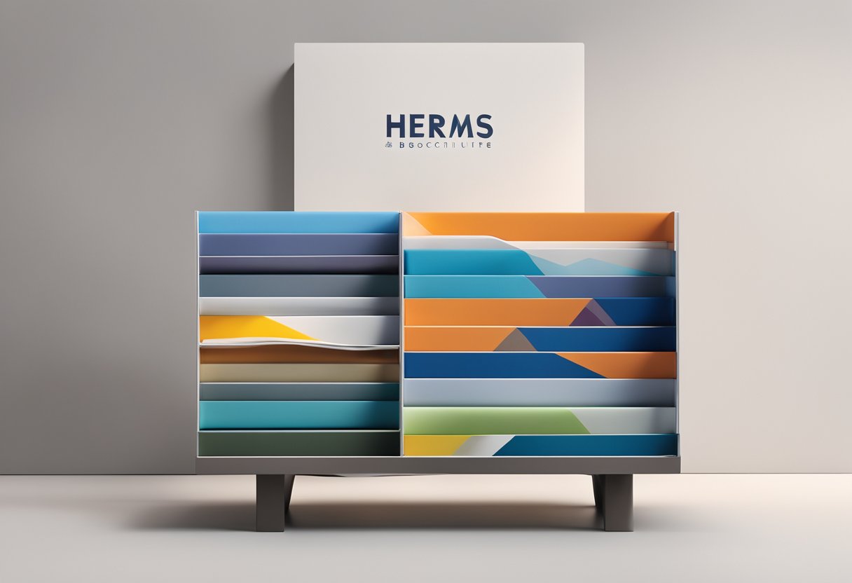 A stack of colorful brochures sits on a sleek, modern Hermes furniture display. The logo is prominently featured, and the brochures are neatly organized