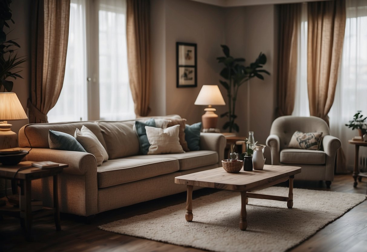 A cozy living room with worn-in armchairs, a scratched coffee table, and faded curtains, showing the useful life of furniture and fittings