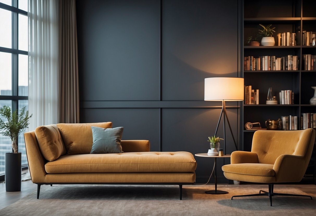 A sleek sofa sits in front of a minimalist coffee table, while a contemporary armchair is positioned next to a stylish bookshelf