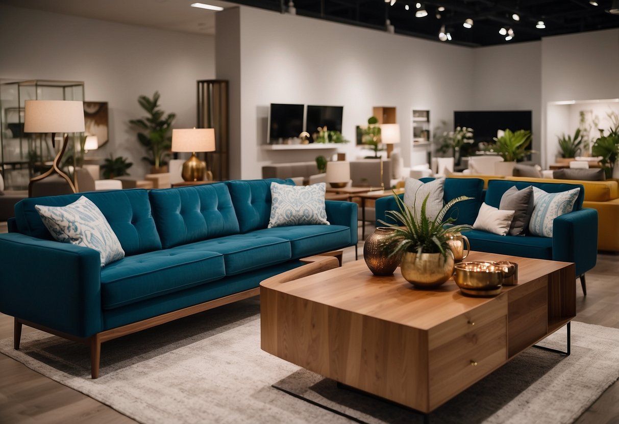 A modern furniture showroom with sleek designs and vibrant colors, showcasing a wide range of home decor and furnishings. Bright lighting and spacious layout create an inviting atmosphere for browsing and shopping