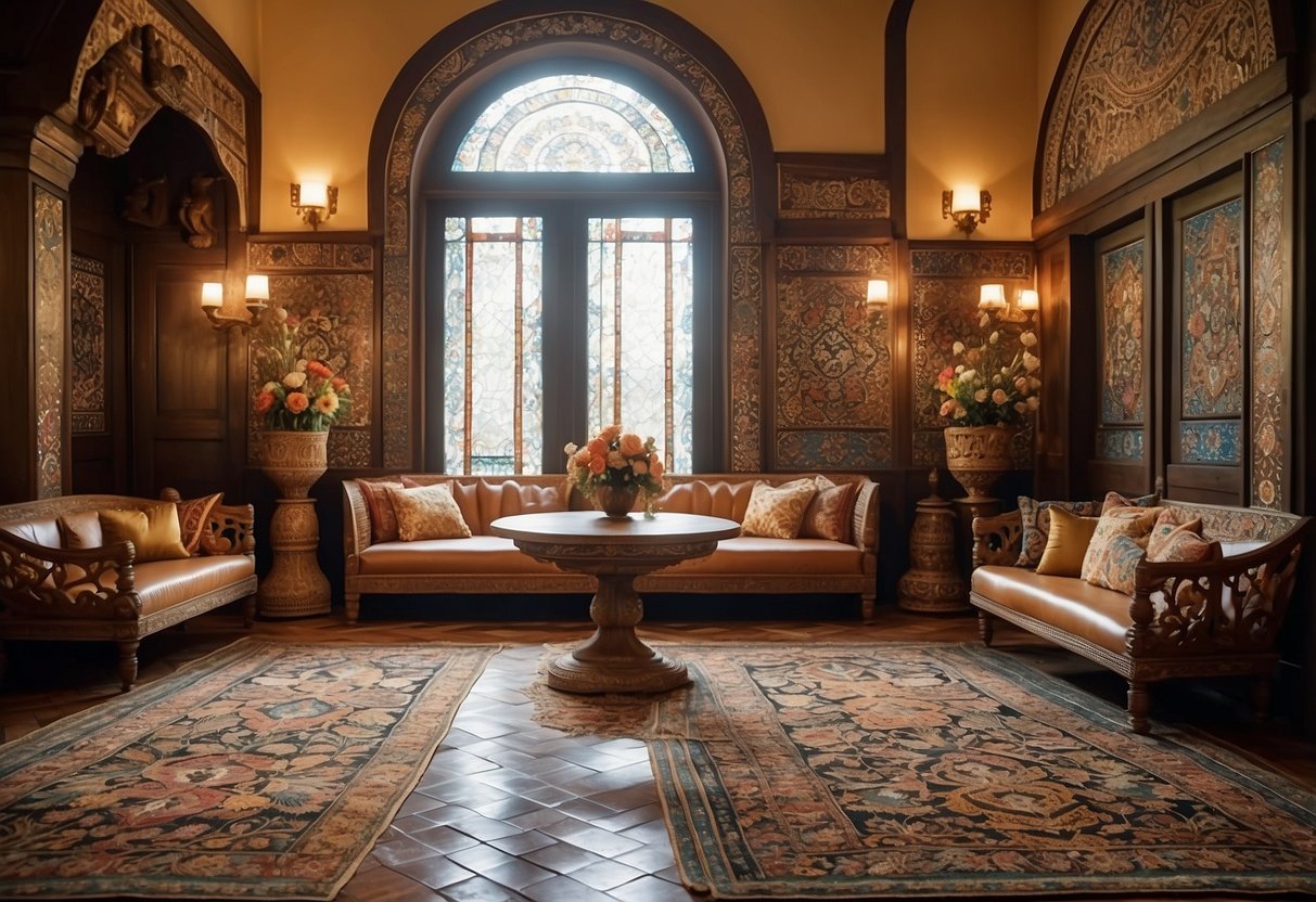 A room with ornate carved wood furniture, vibrant patterned rugs, and colorful mosaic tiles