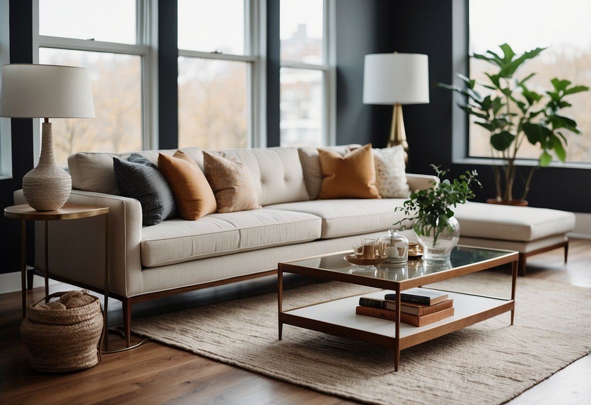 A sleek, minimalist living room with a mid-century sofa, a glass coffee table, and a statement floor lamp. White walls and hardwood floors create a clean, contemporary backdrop