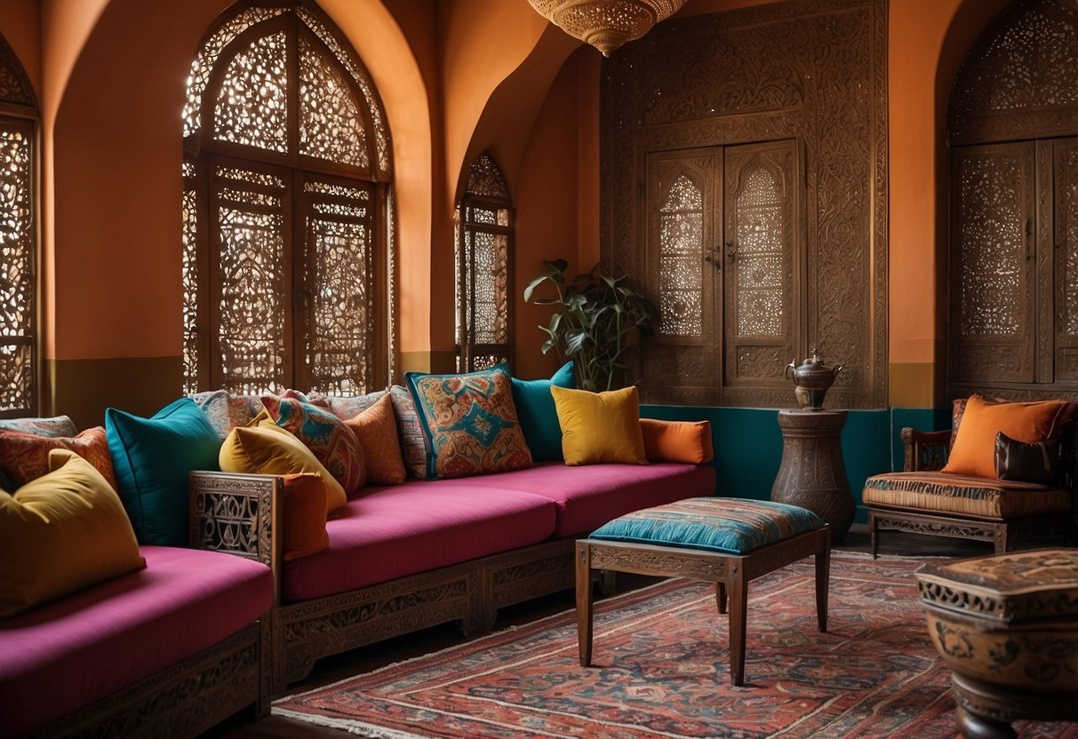 Richly colored, intricately carved wooden furniture with ornate metal accents, plush cushions, and vibrant textiles in a Moroccan-inspired setting
