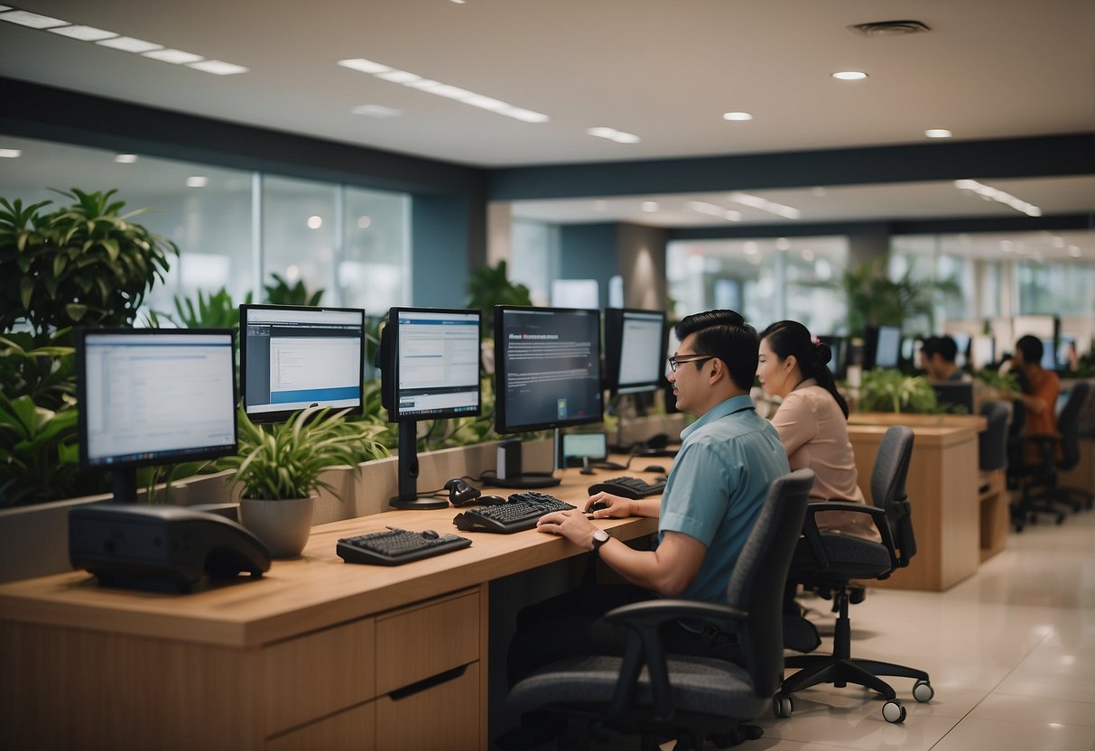 A bustling customer care and support center at Forty Two Furniture Singapore's address. Phones ringing, staff assisting customers, and a welcoming atmosphere