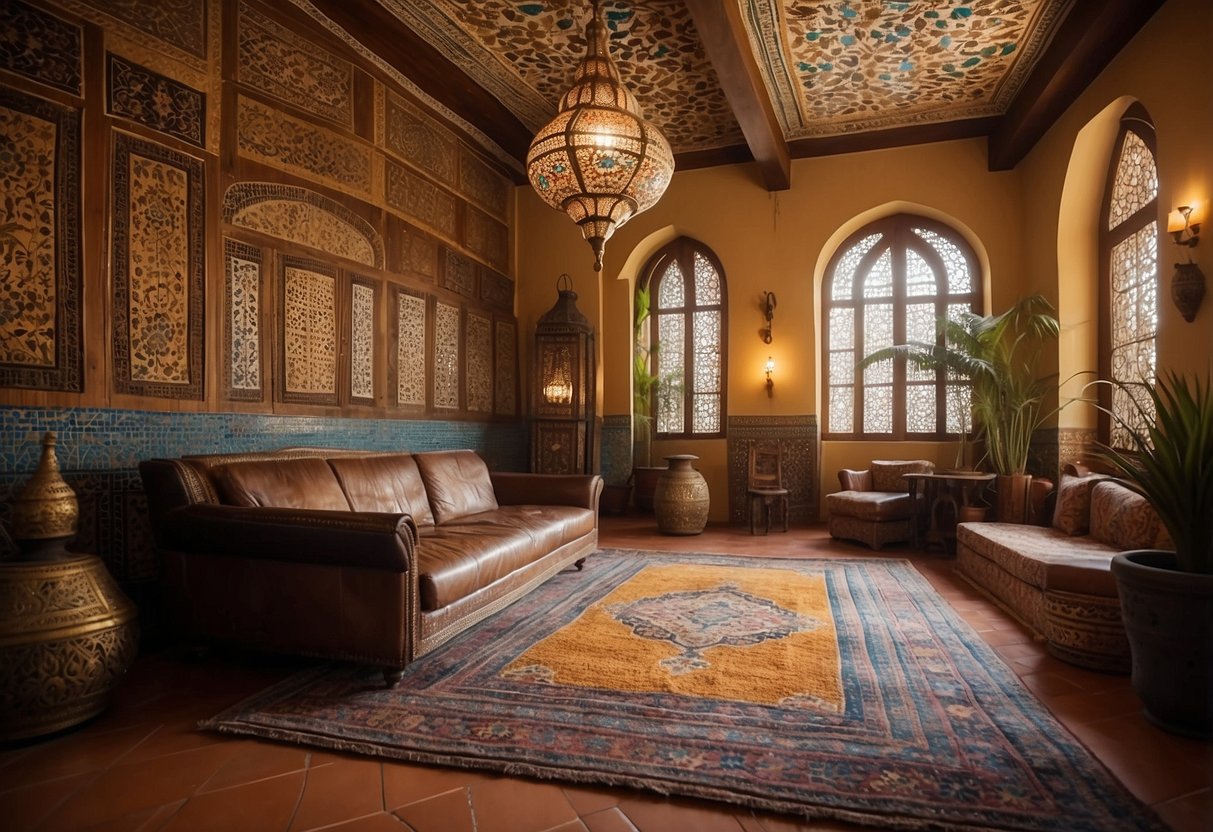 A living room with vibrant Moroccan rugs, ornate carved wooden furniture, and colorful mosaic tiles. A brass lantern hangs from the ceiling, casting intricate patterns of light across the room
