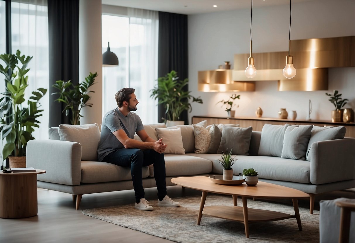 A person carefully chooses modern furniture for each room, focusing on quality pieces