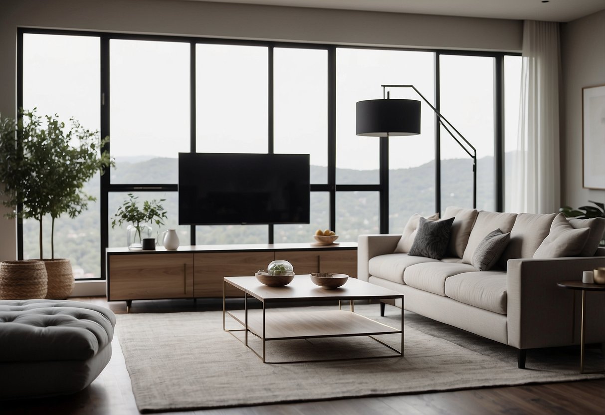 A modern living room with sleek furniture, clean lines, and neutral colors. A cozy sofa, minimalist coffee table, and stylish lighting fixtures complete the scene