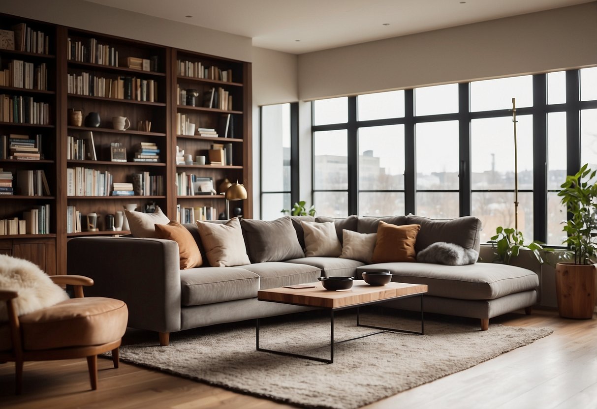 A cozy living room with a plush sofa, a coffee table, and a bookshelf filled with books. A warm rug covers the wooden floor, and a large window lets in natural light