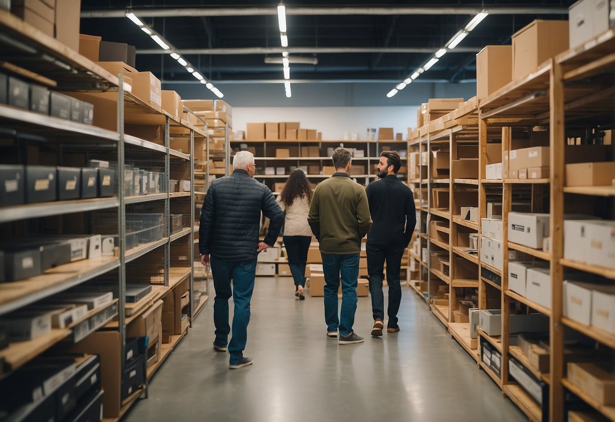 Customers browsing through shelves of affordable furniture at a budget furniture outlet