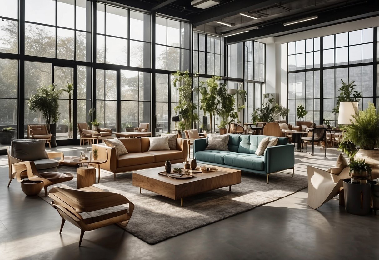 A spacious showroom displays modern furniture collections in various styles and colors, with natural light streaming in through large windows