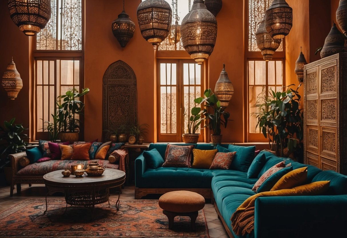 A vibrant Moroccan living room with ornate furniture, intricate patterns, and rich colors. Lanterns hang from the ceiling, while plush cushions and rugs create a cozy atmosphere