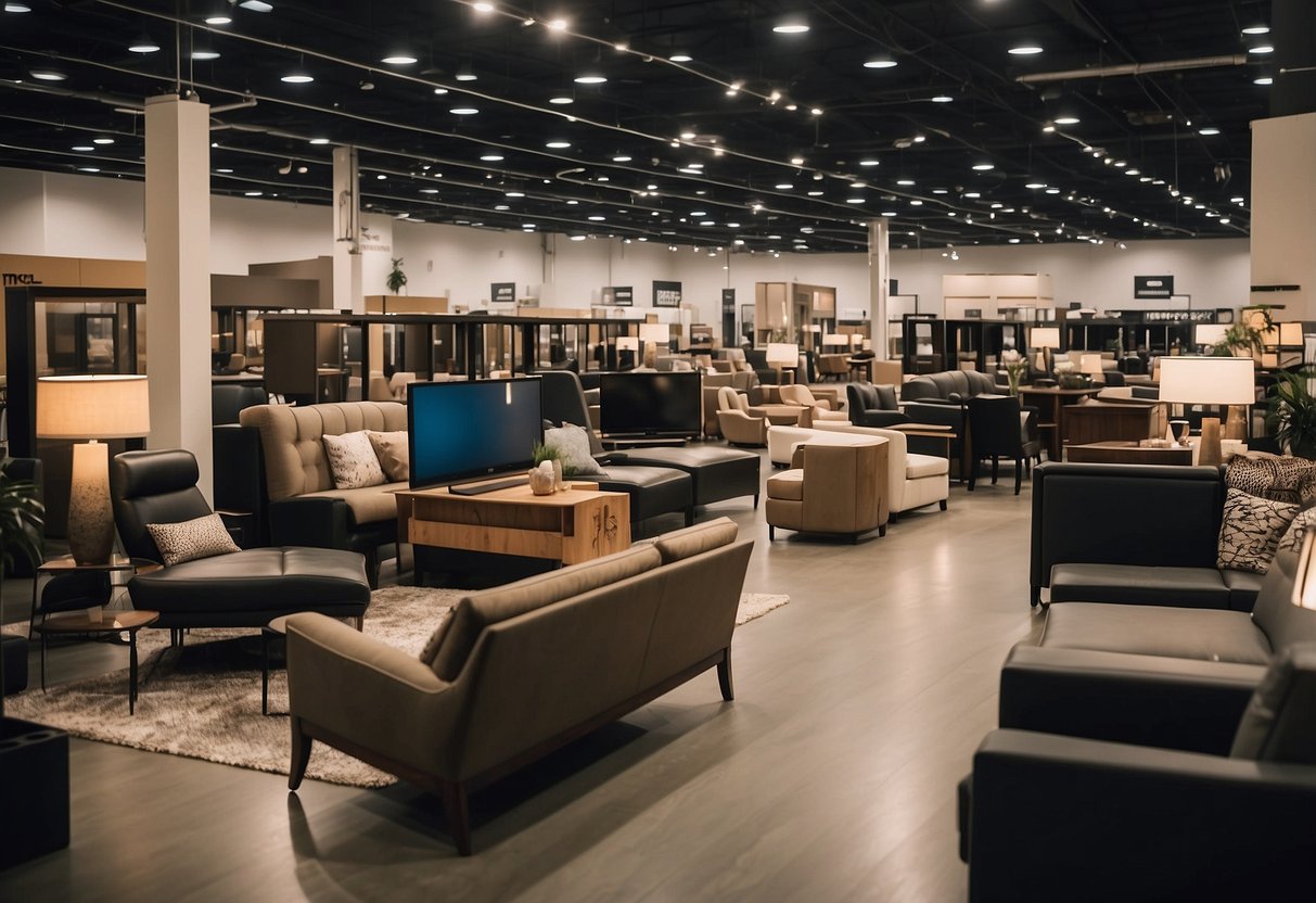 The bustling showroom of a budget furniture outlet, with staff assisting customers and arranging displays