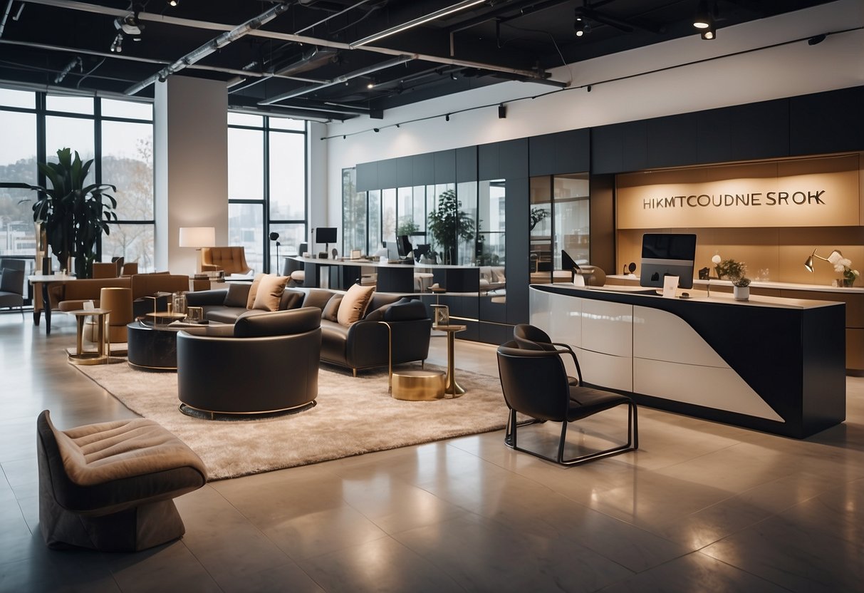 A sleek and modern furniture showroom with a welcoming customer care desk and prominent displays of exclusive offers