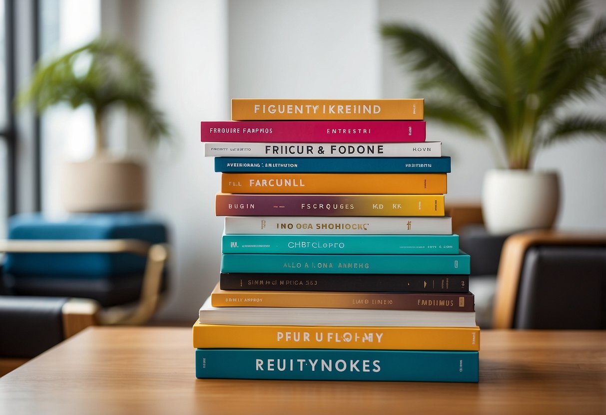 A stack of colorful furniture catalogs with "Frequently Asked Questions" printed on the cover, surrounded by modern and stylish furniture pieces