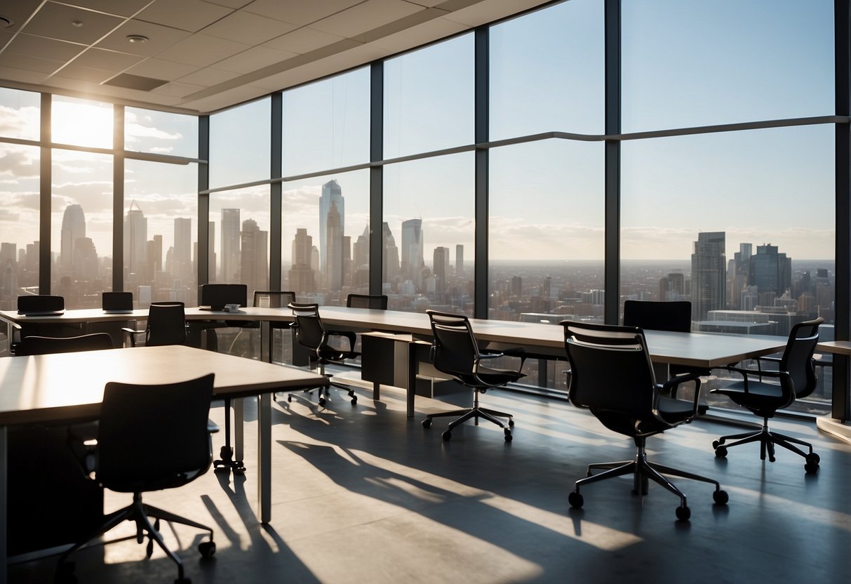 A spacious, modern office with sleek desks, ergonomic chairs, and large windows overlooking a city skyline. The room is filled with natural light and features clean, minimalist design
