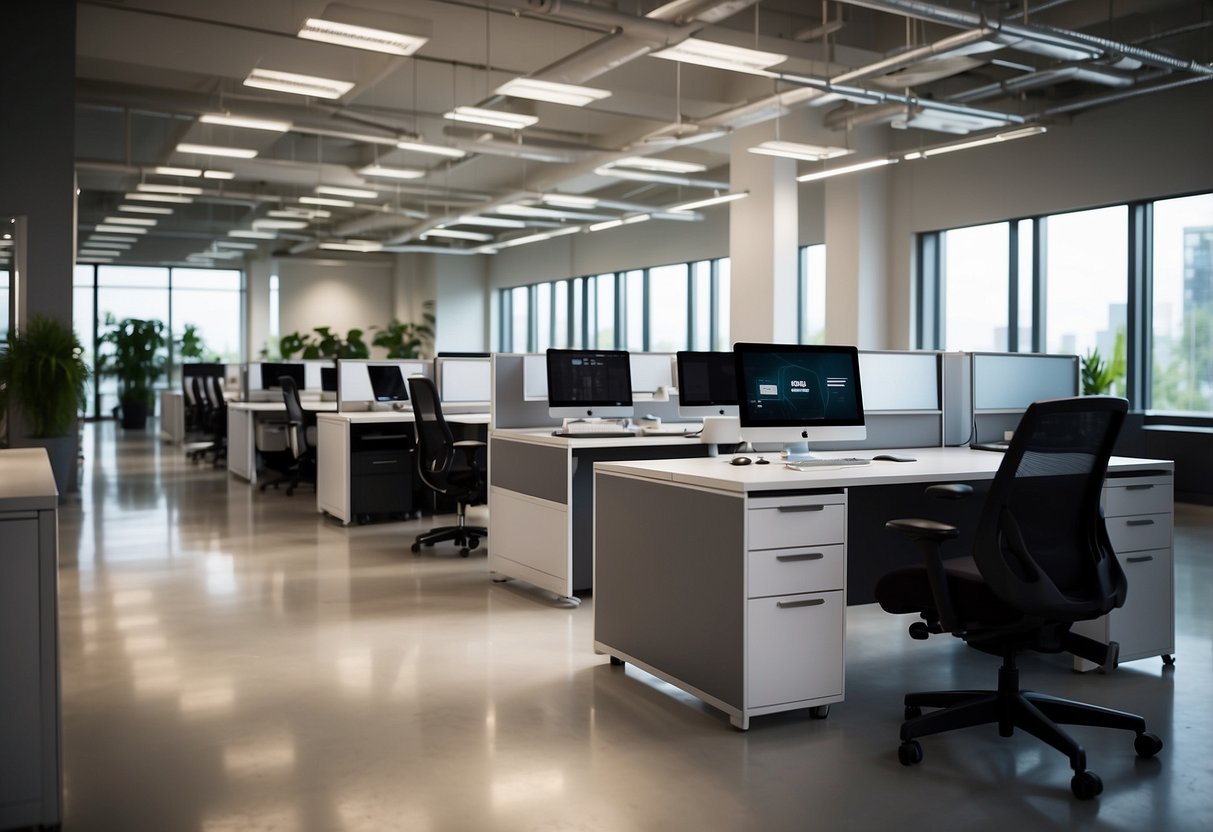 Employees explore modern office furniture in a spacious showroom. Rows of desks, chairs, and storage units are neatly displayed. Bright lighting and clean lines create a professional atmosphere