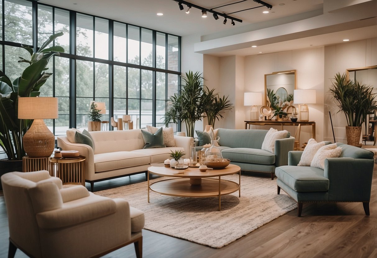 A spacious showroom filled with modern and classic furniture pieces arranged in stylish vignettes, showcasing Nicole and Ashley's diverse collections