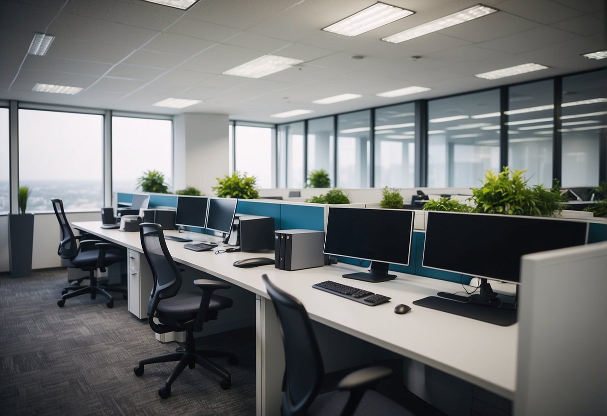 The office furniture is arranged in a functional and modern layout, with ergonomic chairs, adjustable desks, and organized storage units