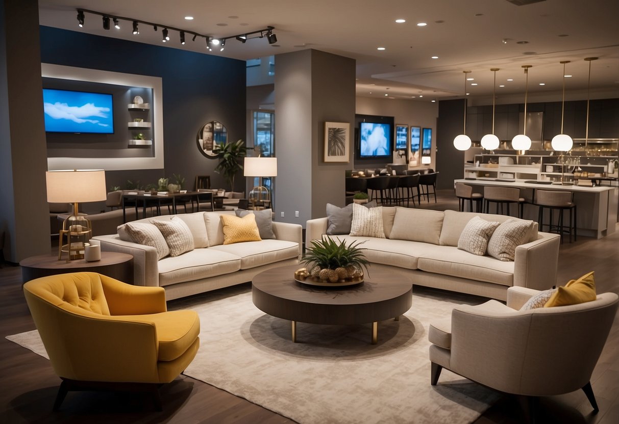 Customers browse through modern furniture displays at Nicole and Ashley. Bright lighting illuminates the sleek designs and comfortable seating options