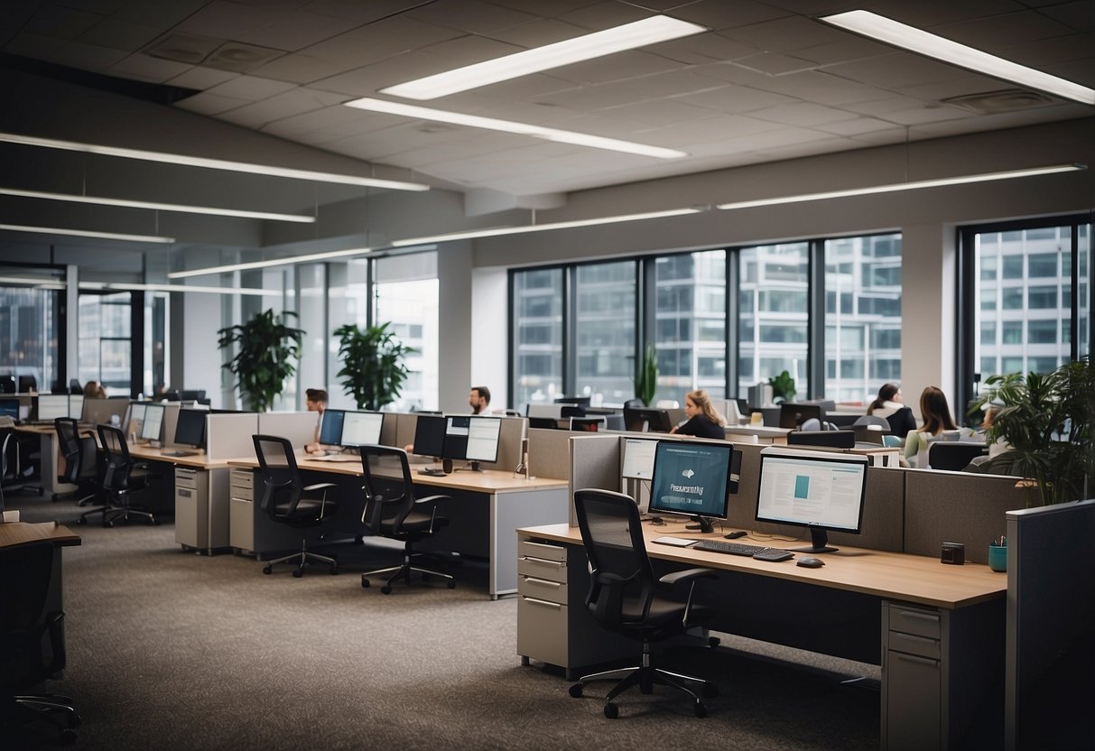 A bustling office with employees at desks, surrounded by sleek and modern national office furniture. A large sign reading "Frequently Asked Questions" hangs prominently on the wall