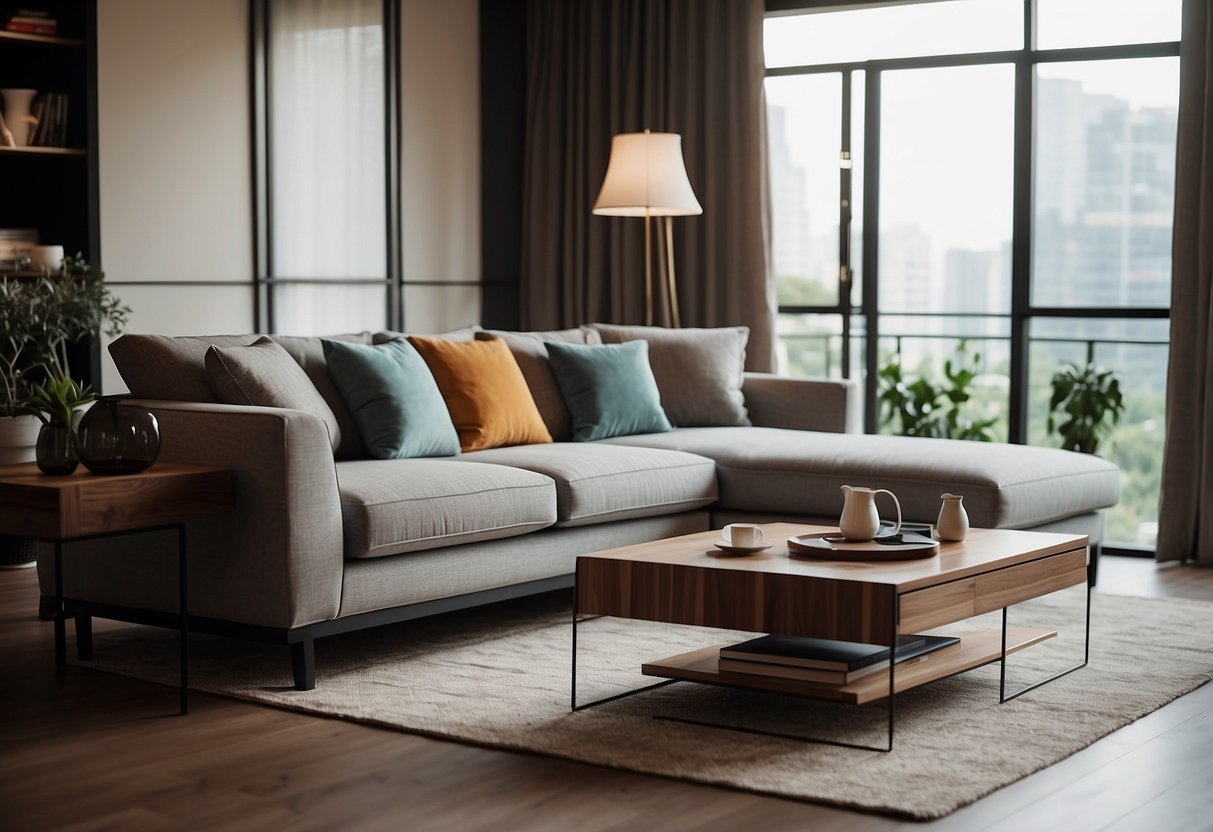 A cozy living room with Meng Liang furniture, featuring a sleek sofa, elegant coffee table, and modern floor lamp