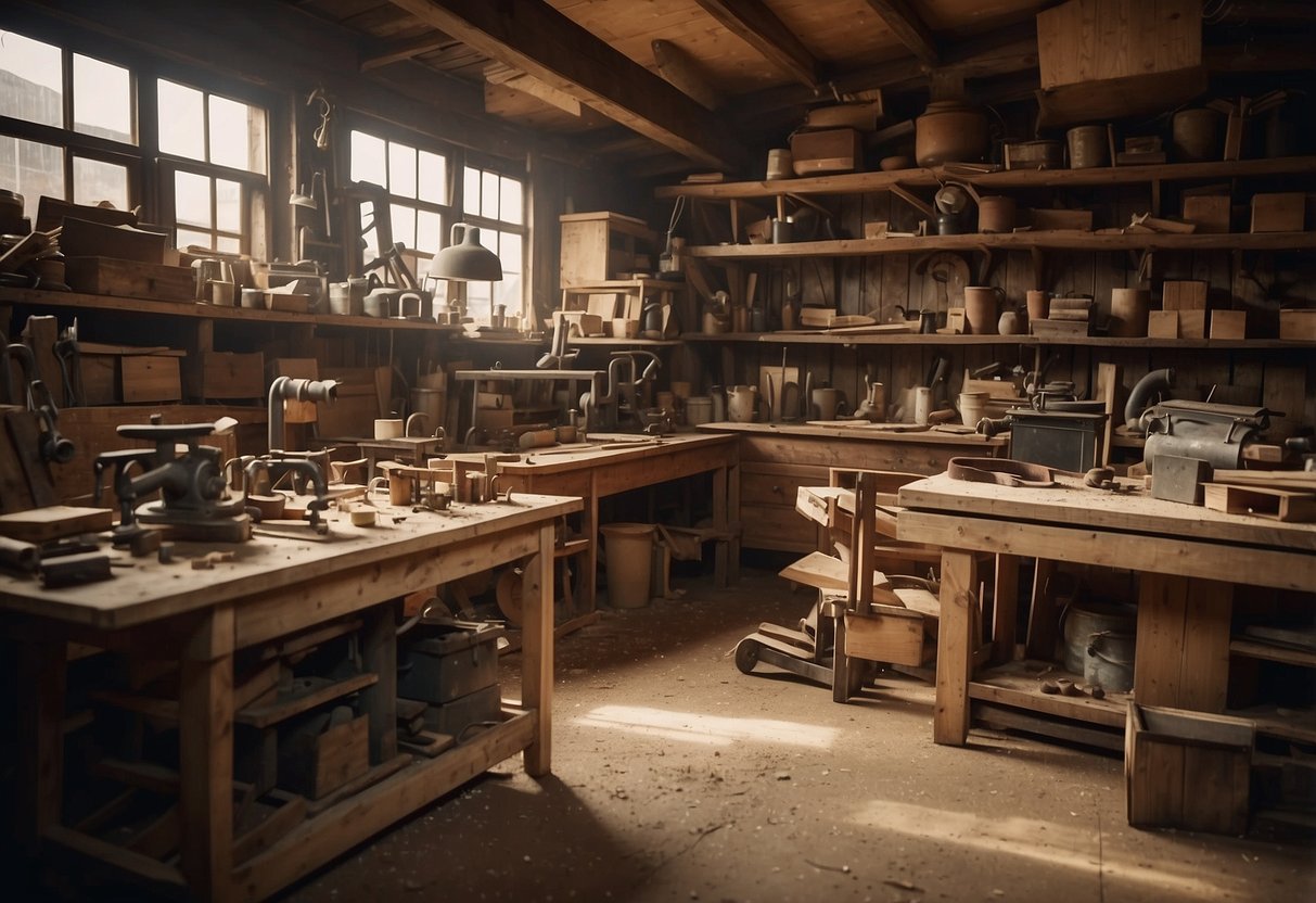 A cluttered workshop with sawdust in the air, shelves of aged wood, and a workbench cluttered with tools and half-finished furniture pieces