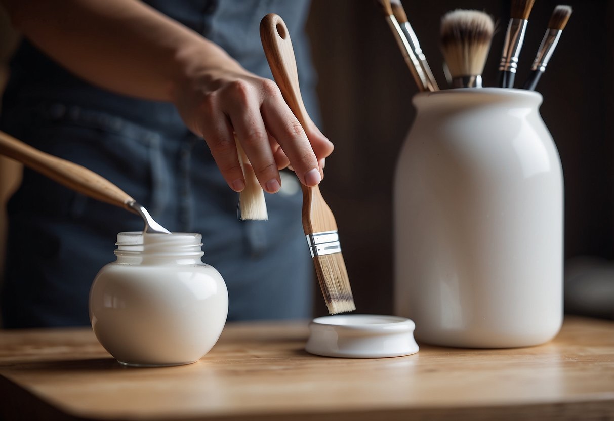 A hand holding a paintbrush applies a coat of white paint to a wooden chair, with a table and dresser in the background