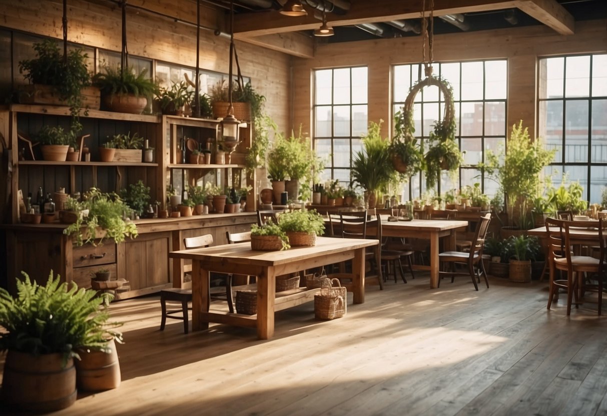 The sunlit orchard furniture shop showcases a variety of wooden tables, chairs, and cabinets. The rustic setting is adorned with hanging plants and vintage decor