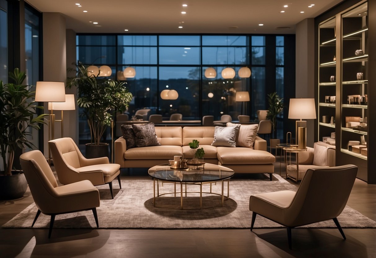 An elegant furniture store with modern designs and warm lighting. Displays of sleek chairs and tables, with a minimalist aesthetic