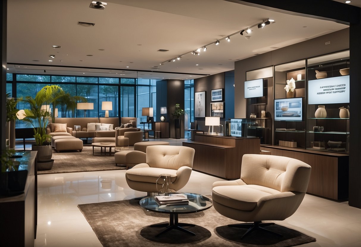 A modern furniture showroom with sleek displays and signage for "Frequently Asked Questions" at Meng Liang Furniture