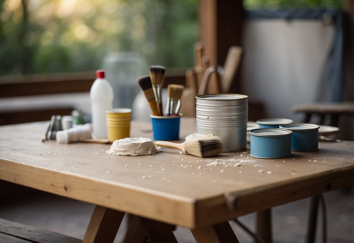 A table is covered with a drop cloth, paint cans and brushes nearby. A chair is sanded and ready for a fresh coat of paint