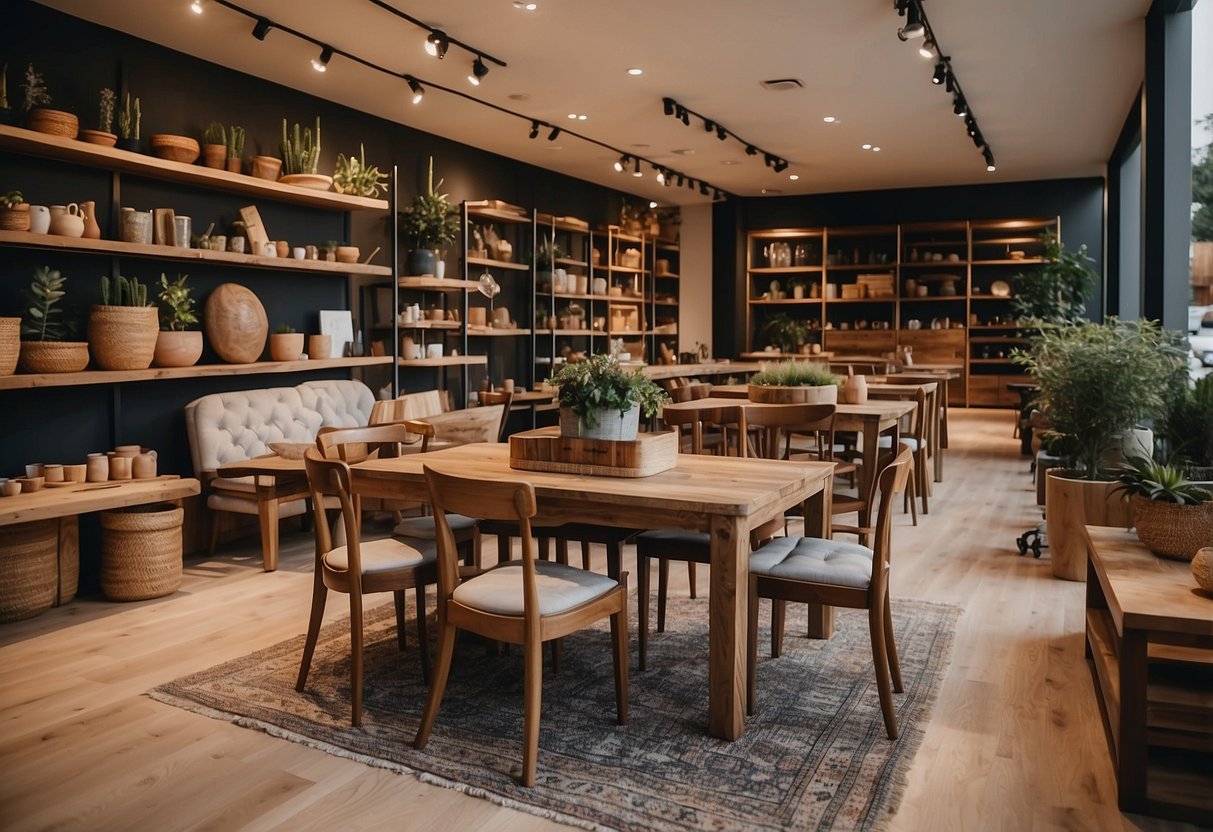 A cozy furniture shop with a variety of wooden tables, chairs, and shelves displayed in an organized and inviting manner