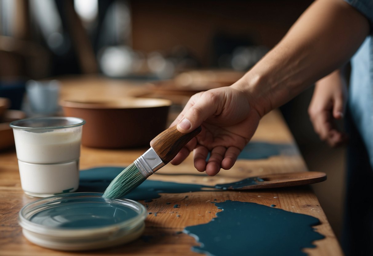 A person is painting wood furniture with a brush and finishing it with a smooth, even stroke