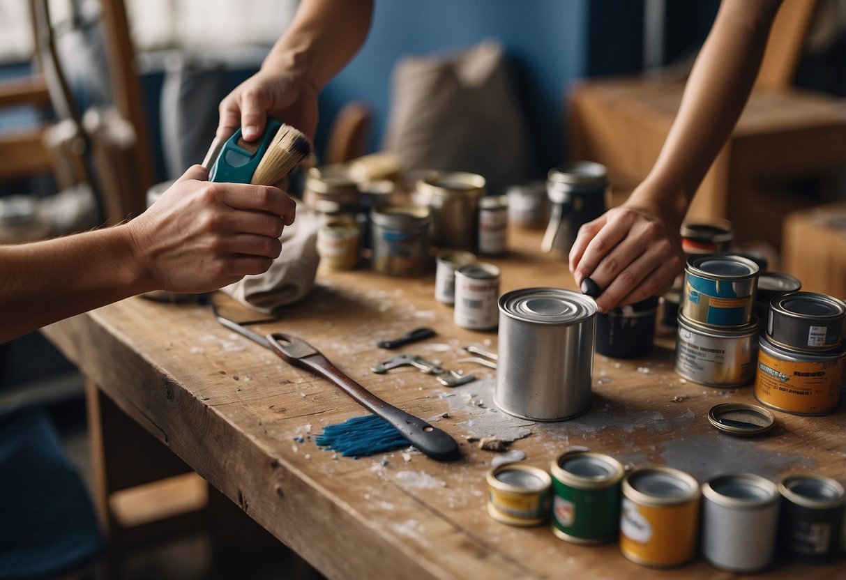 A person painting wood furniture with a brush, surrounded by cans of paint and various tools on a drop cloth