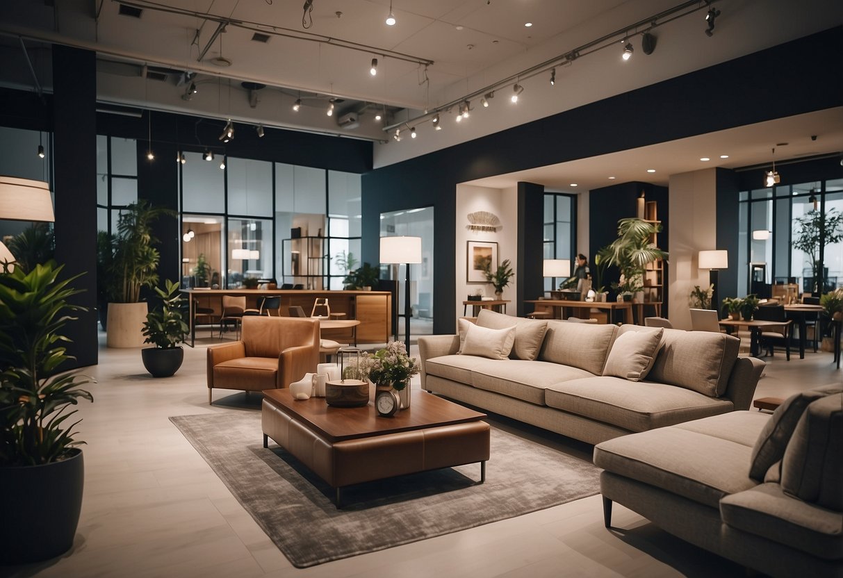 A well-lit showroom with modern and classic furniture displays, inviting signage, and a friendly staff assisting customers