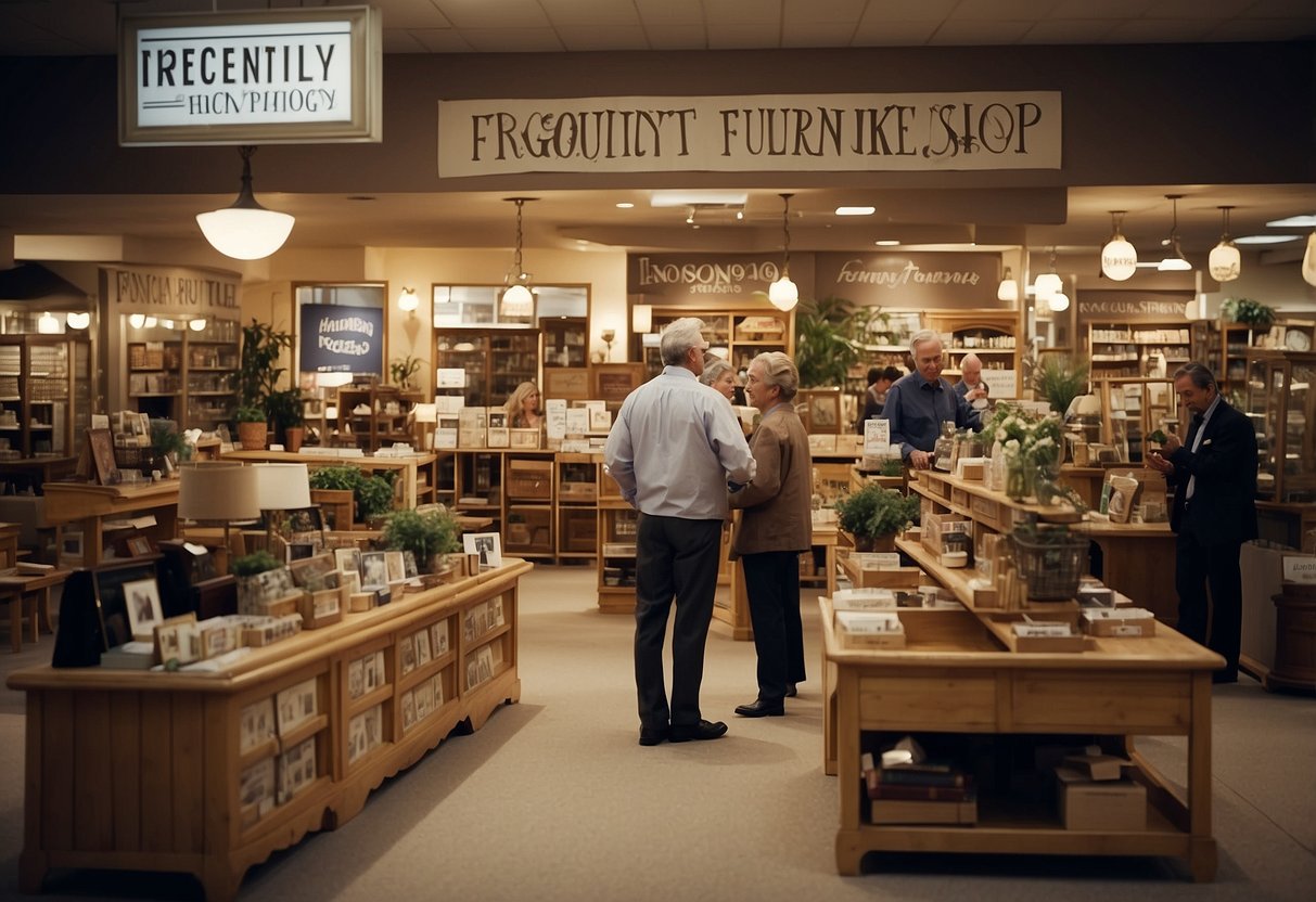 The orchard furniture shop bustles with customers browsing and staff assisting. Shelves display a variety of items while a sign advertises "Frequently Asked Questions."
